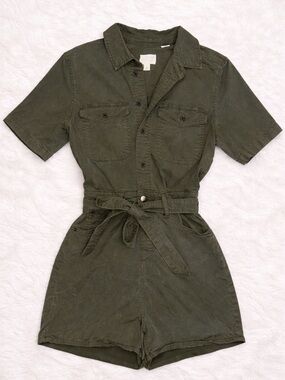 Olive Green Utility Romper Tie Waist Button Front Safari Style Size 4